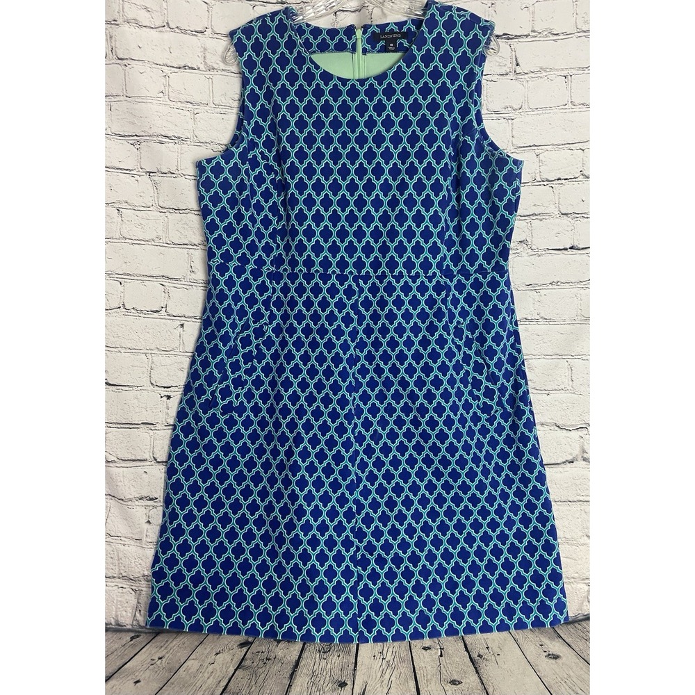 Lands End Womens Blue Teal Quatrefoil Sleeveless Sheath Dress Size 18 Ponte Knit